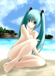 Rule 34 | 1girl, aoinagi, bad feet, barefoot, beach, blush, breasts, day, feet, female focus, full body, green eyes, green hair, hatsune miku, long hair, matching hair/eyes, nature, outdoors, panties, sitting, sky, solo, striped clothes, striped panties, swimsuit, topfreedom, topless, twintails, underwear, vocaloid, water