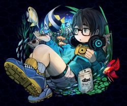 Rule 34 | 1boy, absurdres, bubble, camera, fish food, food, glasses, headphones, headphones around neck, highres, holding, holding camera, holding food, jacket, kurobuta wagyu, male focus, original, seaweed, shoes, shorts, sitting, socks, solo, tin can, tropical fish
