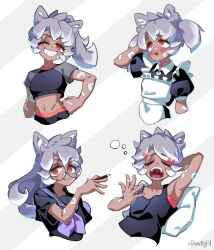 Rule 34 | animal ear fluff, animal ears, apron, arm behind head, arm up, bandaged arm, bandages, bandaid, bandaid on face, bandaid on nose, blush, buttons, closed eyes, crop top, dark-skinned female, dark skin, donuttypd, glasses, grey hair, hand up, highres, holding, holding pencil, layla (donuttypd), looking at viewer, looking away, looking up, maid, maid apron, medium hair, one eye closed, open mouth, original, pencil, pillow, ponytail, puffy short sleeves, puffy sleeves, red eyes, round eyewear, sailor collar, scar, scar on stomach, school uniform, short hair, short sleeves, short twintails, smile, sweatdrop, tail, twintails, wolf ears, wolf girl, wolf tail, yawning