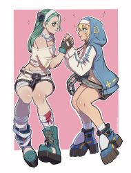 Rule 34 | 1boy, 1girl, a.b.a, absurdres, bandages, bike shorts, bike shorts under skirt, blue eyes, bridget (guilty gear), ceramicnoise, commentary, cuffs, english commentary, fingerless gloves, gloves, grey hair, guilty gear, guilty gear strive, habit, handcuffs, highres, holding hands, hood, hood up, hooded jacket, jacket, key, key in head, nun, object through head, sparkle, trap
