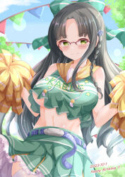 Rule 34 | 1girl, bare shoulders, black hair, blush, bow, braid, breasts, cheerleader, closed mouth, commentary request, crop top, crop top overhang, dated, drawstring, frilled skirt, frills, glasses, green bow, green eyes, green skirt, hair bow, happy birthday, highres, holding, kujou kaede, large breasts, long hair, looking at viewer, ongeki, over-rim eyewear, parted bangs, pennant, pleated skirt, pom pom (cheerleading), red-framed eyewear, semi-rimless eyewear, skirt, smile, solo, string of flags, thighhighs, underboob, very long hair, white thighhighs, xenon (for achieve)