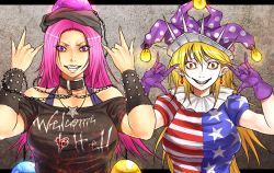 Rule 34 | 2girls, aged up, american flag dress, blonde hair, border, bracelet, breasts, chain, clothes writing, clownpiece, collar, crazy eyes, earrings, fangs, grin, hat, hecatia lapislazuli, jester cap, jewelry, large breasts, light bulb, long hair, m/, multiple girls, nail polish, necklace, pink hair, polka dot, puffy sleeves, ryuuichi (f dragon), sharp teeth, smile, spiked bracelet, spikes, teeth, touhou