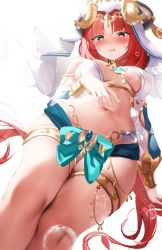 Rule 34 | 1girl, absurdres, aqua eyes, bare shoulders, blue bow, blush, bow, breasts, brooch, detached sleeves, fantongjun, from above, genshin impact, green eyes, harem outfit, highres, horns, jewelry, large breasts, long hair, long sleeves, looking at viewer, medium breasts, navel, neck ring, nilou (genshin impact), panties, parted bangs, parted lips, red hair, simple background, solo, stomach, thighlet, thighs, twintails, underwear, veil, wavy mouth, white background, white headwear, white panties, white sleeves