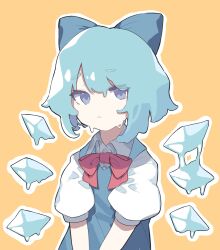 Rule 34 | 1girl, blue bow, blue dress, blue eyes, blue hair, bow, cirno, cirno day, closed mouth, collared shirt, detached wings, dress, fairy, garasuno, hair bow, highres, ice, ice wings, orange background, shirt, short hair, short sleeves, simple background, solo, touhou, upper body, white shirt, wings