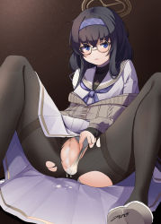 Rule 34 | 1girl, absurdres, aftersex, akinoji (akiponpon27), black hair, blue archive, blue eyes, blush, censored, clothing aside, crotch seam, cum, cum in pussy, cumdrip, embarrassed, female pubic hair, glasses, hairband, highres, lifted by self, long hair, looking at viewer, mosaic censoring, panties, panties aside, panty lift, pantyhose, parted lips, presenting, pubic hair, pussy, round eyewear, solo, torn clothes, torn pantyhose, ui (blue archive), underwear