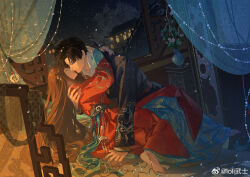 1boy 1girl absurdres arms_around_neck barefoot beads black_hair brown_hair chinese_clothes closed_eyes couple curtains flower green_eyes hetero highres hug imminent_kiss indoors lips loli_bushi long_hair long_sleeves love_and_deepspace night petals plant protagonist_(love_and_deepspace) red_nails short_hair vase zayne_(love_and_deepspace)