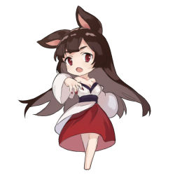 Rule 34 | 1girl, :o, animal ears, bare shoulders, breasts, brown hair, chibi, cleavage, full body, imaizumi kagerou, japanese clothes, long sleeves, looking at viewer, nail polish, open mouth, red eyes, red nails, red skirt, shayuheisi, shirt, simple background, skirt, solo, touhou, white background, white shirt, wolf ears, wolf girl