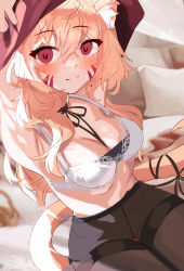 Rule 34 | 1girl, animal ear fluff, animal ears, bra, breasts, cat ears, cat girl, cat tail, cleavage, facial mark, highres, indie virtual youtuber, looking at viewer, pantyhose, shyrei faolan, solo, squchan, tail, underwear, undressing, virtual youtuber, whisker markings