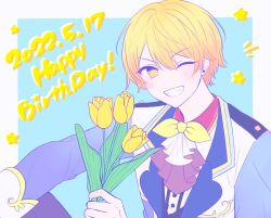 Rule 34 | 1boy, :d, ascot, blue background, blue jacket, blush, border, collared shirt, dated, flower, grin, hair between eyes, happy birthday, highres, holding, holding flower, jacket, lapels, long sleeves, looking at viewer, male focus, multicolored clothes, multicolored jacket, neck ribbon, notice lines, one eye closed, open mouth, orange eyes, orange hair, pnyo emc, project sekai, purple ascot, ribbon, shirt, short hair, sidelocks, simple background, smile, solo, star (symbol), teeth, tenma tsukasa, tulip, two-tone jacket, upper body, v-shaped eyebrows, white border, white jacket, white shirt, yellow flower, yellow ribbon, yellow tulip