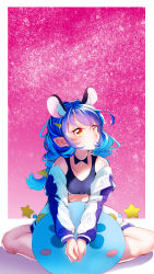 Rule 34 | 1girl, :t, absurdres, animal ear fluff, animal ears, black bra, blue hair, blush, border, bra, braid, cardigan, cat ears, collarbone, hair ornament, hairclip, highres, indian style, long hair, off shoulder, open cardigan, open clothes, outside border, pink background, pink sky, pointy ears, precure, prunce (precure), rikito1087, sitting, sky, solo, sports bra, star (sky), star twinkle precure, twin braids, underwear, white border, yellow eyes, yuni (precure)