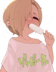 Rule 34 | 1girl, blonde hair, blush, closed eyes, clothes writing, collarbone, commentary request, female focus, food, hair over one eye, highres, holding, idolmaster, idolmaster cinderella girls, licking, popsicle, shirasaka koume, shirt, short hair, short sleeves, simple background, sweat, t-shirt, takato kurosuke, tongue, tongue out, white background, white shirt