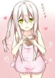 Rule 34 | 1girl, :d, absurdres, apron, blush, frills, green eyes, heart, heart-shaped pupils, highres, holding, long hair, naked apron, open mouth, original, pink background, scrunchie, side ponytail, simple background, smile, solo, symbol-shaped pupils, translated, tsuchikure, valentine, white hair