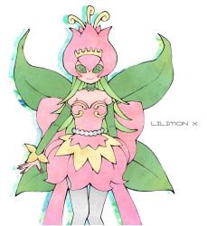 Rule 34 | 1girl, bandai, breasts, digimon, dress, fairy, fairy wings, female focus, lilimon, lilimon x-antibody, looking at viewer, nail polish, smile, solo, wings