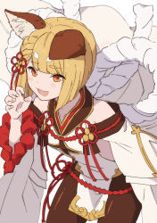 Rule 34 | 1girl, animal ears, backless dress, backless outfit, bare shoulders, blonde hair, blunt bangs, blush, brown pantyhose, claw pose, cowboy shot, detached sleeves, dog ears, dress, granblue fantasy, hand up, leaning forward, looking at viewer, mifuta, open mouth, orange eyes, pantyhose, pelvic curtain, rope, shimenawa, short hair, signature, smile, solo, vajra (granblue fantasy), white dress