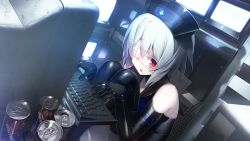Rule 34 | 1girl, bare shoulders, can, collar, computer, con su, drink, drooling, elbow gloves, eyepatch, game cg, gloves, hat, indoors, jewelry, keyboard, latex, legs, looking at viewer, monitor, nitroplus, nurse cap, oosaki shin&#039;ya, parted lips, red eyes, ring, saliva, serious, short hair, sitting, solo, thighhighs, thighs, tokyo necro, typing, white hair