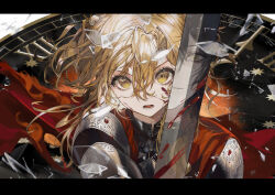 Rule 34 | 2girls, armor, black hair, blonde hair, blood, bloody weapon, breaking, broken glass, cape, character request, commentary, copyright request, english commentary, glass, grin, hair between eyes, highres, letterboxed, long hair, looking at viewer, multiple girls, open mouth, reflection, roman numeral, smile, straight-on, sword, weapon, yellow eyes, youamo