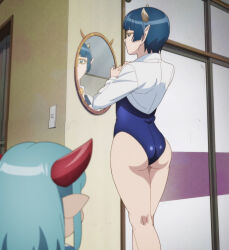 Rule 34 | 2girls, adjusting clothes, anime screenshot, ass, blue hair, demon girl, demon horns, from behind, glasses, green eyes, highres, horns, huge ass, legs, lv1 maou to one room yuusha, maou (lv1 maou to one room yuusha), mirror, multiple girls, necktie, one-piece swimsuit, pointy ears, reflection, screencap, short hair, solo, stitched, swimsuit, thighs, third-party edit, zenia (lv1 maou to one room yuusha)