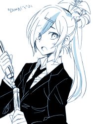 Rule 34 | 1girl, 6 (yuchae), blue theme, flower, formal, hair flower, hair ornament, hair over one eye, hairclip, korean text, lily (flower), monochrome, necktie, one-punch man, ponytail, sansetsukon no lily, sketch, solo, suit, text focus, three section staff, translated, weapon