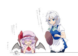 Rule 34 | 2girls, apron, bat wings, black pantyhose, blue dress, blue eyes, bow, braid, chair, closed eyes, closed mouth, collared dress, collared shirt, cup, dress, flying sweatdrops, frilled apron, frills, green bow, grey hair, grey wings, hair bow, hat, holding, holding tray, interlocked fingers, izayoi sakuya, long hair, maid, maid headdress, mob cap, multiple girls, nail polish, nejikyuu, on chair, own hands together, pantyhose, pink dress, pink headwear, pointy ears, puffy short sleeves, puffy sleeves, purple hair, red nails, remilia scarlet, saucer, shirt, short sleeves, simple background, sleeveless, sleeveless dress, smile, table, teacup, touhou, translation request, tray, twin braids, white apron, white background, white shirt, wings