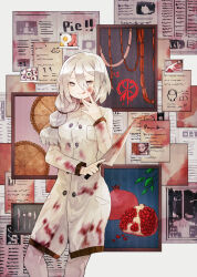 Rule 34 | 1boy, 1girl, bacon, blood, blood on clothes, blood on face, bloody knife, braid, chef, coat, eyeball, food, fried egg, fruit, hair between eyes, harvest fes, highres, holding, holding clothes, holding coat, jack (project moon), knife, library of ruina, linked sausages, long hair, long sleeves, low-braided long hair, low-tied long hair, pants, papers, pierre (project moon), pomegranate, project moon, side braid, smile, tongue, tongue out, white coat, white eyes, white hair, white pants