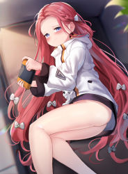Rule 34 | 1girl, absurdres, ahoge, ass, bare legs, barefoot, blue archive, blush, bow, braid, commentary request, couch, forehead, from above, game console, hair bow, hair ribbon, highres, holding, long hair, long sleeves, looking at viewer, looking up, lying, no panties, on side, parted bangs, purple eyes, red hair, ribbon, school uniform, sidelocks, single braid, solo, somray, thighs, wavy mouth, yuzu (blue archive)