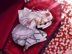 Rule 34 | 1girl, absurdres, bad id, bad pixiv id, coffin, dress, elbow gloves, far is a, fetal position, flower, from above, gloves, glowing, glowing eyes, hair ornament, hair ribbon, highres, jane (king&#039;s raid), king&#039;s raid, layered dress, long hair, looking to the side, lying, on side, pantyhose, parted lips, pink flower, pink footwear, pink rose, red eyes, red flower, red rose, ribbon, rose, sideways mouth, silver hair, solo, strapless, strapless dress, underbust, very long hair, wedding dress, white dress, white flower, white gloves, white pantyhose, white rose