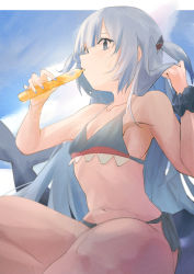 Rule 34 | 1girl, armpits, arms up, bikini, blue bikini, blue eyes, blue hair, blue nails, blush, cloud, cloudy sky, collarbone, drinking, feet out of frame, fins, fish tail, flat chest, food, from below, gawr gura, highres, holding, holding food, holding own hair, hololive, hololive english, indian style, long hair, nail polish, navel, outdoors, playing with own hair, scrunchie, shark print, shark tail, sitting, sky, solo, sweatdrop, swimsuit, tail, thighs, two side up, very long hair, virtual youtuber, zhenxuankuang