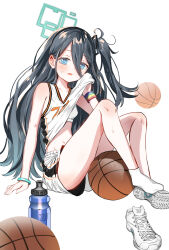 Rule 34 | 1girl, aris (blue archive), ball, basketball (object), black hair, black hairband, blue archive, blue eyes, duplicate, hair between eyes, hairband, halo, highres, long hair, pixel-perfect duplicate, ryoma (rym 369), shoes, side ponytail, simple background, solo, thighs, unworn shoes, white background