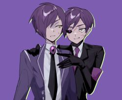 Rule 34 | 2boys, armband, black gloves, black jacket, black necktie, black sclera, black sweater, brooch, collared shirt, colored sclera, disgust, dual persona, eye contact, gloves, hair over one eye, hand on another&#039;s shoulder, heterochromia, highres, jacket, jewelry, library of ruina, lobotomy corporation, looking at another, male focus, mismatched sclera, mu46016419, multiple boys, necktie, parted lips, project moon, purple background, purple eyes, purple hair, purple jacket, purple necktie, scar, scar on face, shirt, short hair, simple background, smile, sweatdrop, sweater, swept bangs, tearing up, turtleneck, turtleneck sweater, upper body, white shirt, yellow eyes, yesod (project moon)