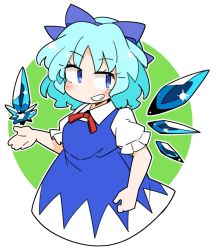 Rule 34 | 1girl, blue bow, blue dress, blue eyes, blue hair, blush, bow, cirno, detached wings, dress, fairy, grin, hair bow, ice, ice wings, ini (inunabe00), puffy short sleeves, puffy sleeves, short hair, short sleeves, smile, solo, touhou, wings