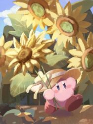 Rule 34 | :o, blue eyes, blue sky, blush stickers, bow, cloud, colored skin, commentary request, day, flower, hand on headwear, hat, hat bow, highres, holding, holding flower, kirby, kirby (series), leaf, looking ahead, misodo, nintendo, no humans, outdoors, oversized flower, parted lips, pink skin, red footwear, shoes, sky, solo, sun hat, sunflower, walking, yellow bow, yellow flower, yellow hat