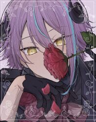 Rule 34 | 1boy, black gloves, black shirt, blue hair, commentary request, covered mouth, demon boy, demon horns, ebimayo04060, flower, flower over mouth, gloves, grey background, highres, horns, kamishiro rui, light blue hair, male focus, neck ribbon, petals, project sekai, purple hair, red flower, red ribbon, red rose, ribbon, rose, rose petals, shirt, short hair, solo, yellow eyes