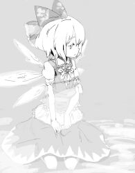 Rule 34 | 1girl, bad drawr id, bad id, bow, cirno, closed mouth, frilled bow, frills, from side, frown, greyscale, hair between eyes, hair bow, hands on lap, large bow, looking to the side, monochrome, oekaki, print bow, puffy short sleeves, puffy sleeves, sad, short hair, short sleeves, sitting, solo, tcmk, touhou, wing collar, wings
