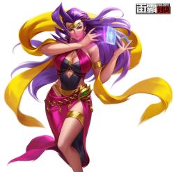 Rule 34 | 1girl, ahoge, armband, blue eyes, breasts, capcom, cleavage, earrings, energy effect, exposed thigh, highres, huge ahoge, jewelry, large breasts, long hair, official art, ornate clothes, purple hair, rose (street fighter), shawl, solo, street fighter, street fighter: duel, tarot card, thighband, veil