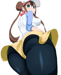 Rule 34 | 1girl, ass, black pantyhose, blue eyes, breasts, brown hair, creatures (company), double bun, from behind, from below, game freak, hair bun, hat, highres, leggings, long hair, long sleeves, looking at viewer, looking back, nintendo, pantyhose, pokemon, pokemon bw2, pov, ribbon, rosa (pokemon), shirt, shorts, simple background, solo, thighs, twintails, visor cap, white background