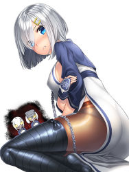 Rule 34 | 3girls, ainu clothes, alternate costume, ass, bandages, black legwear, blue eyes, blue jacket, blush, breast envy, breasts, chain, chibi, cosplay, cropped jacket, embarrassed, evil grin, evil smile, from side, glowing, glowing eyes, grin, hair ornament, hair over one eye, hairclip, hamakaze (kancolle), hand on own arm, jacket, kamoi (kancolle), kamoi (kancolle) (cosplay), kantai collection, looking back, multiple girls, panties, panties under pantyhose, pantyhose, ryuujou (kancolle), short hair, sideboob, simple background, smile, taihou (kancolle), thighhighs, underwear, unowen, visor cap, white background, white hair, white panties