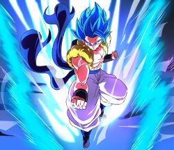 Rule 34 | 1boy, aura, blue eyes, blue hair, blue sash, clenched hands, dragon ball, dragon ball super, dragon ball super broly, fighting stance, full body, gogeta, highres, looking at viewer, male focus, metamoran vest, muscular, muscular male, pants, rom (20), sash, smile, solo, spiked hair, super saiyan, super saiyan blue, white pants
