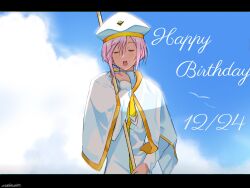 Rule 34 | 1girl, andanden, aria (manga), athena glory, blue sky, capelet, closed eyes, cloud, cloudy sky, dark-skinned female, dark skin, dated, eyelashes, gold trim, hand up, happy birthday, highres, holding, holding oar, letterboxed, long sleeves, medium hair, necktie, oar, open mouth, orange planet uniform, outdoors, parted bangs, pink hair, sidelocks, signature, sky, solo, teeth, undine (aria), upper body, upper teeth only, white capelet, white headwear, yellow necktie