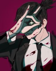 Rule 34 | 1boy, black hair, black necktie, blood, blood on clothes, blood on face, blood on hands, chainsaw man, closed mouth, earrings, formal, fox shadow puppet, gravitydusty, green eyes, hand gesture, hayakawa aki, jewelry, looking at viewer, male focus, necktie, ponytail, signature, sketch, solo, suit, upper body