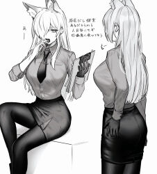Rule 34 | 1girl, puff of air, animal ears, ass, blue archive, breasts, clipboard, collared shirt, gloves, greyscale, hair over one eye, highres, holding, holding clipboard, kanna (blue archive), large breasts, long hair, long sleeves, monochrome, multiple boys, necktie, open mouth, pantyhose, pencil skirt, sharp teeth, shirt, simple background, sitting, skirt, teeth, tsuno (tnngur)