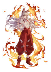 Rule 34 | 1girl, absurdres, baggy pants, boots, bow, closed mouth, collared shirt, commentary, fire, footwear bow, fujiwara no mokou, full body, hair bow, hand in pocket, hayaten, highres, juliet sleeves, long hair, long sleeves, looking at viewer, ofuda, ofuda on clothes, pants, puffy sleeves, red bow, red eyes, red footwear, red pants, shirt, simple background, solo, suspenders, touhou, two-tone bow, very long hair, white background, white bow, white shirt