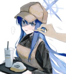 Rule 34 | 1girl, 1other, absurdres, apron, black shirt, blue archive, blue eyes, blue hair, blue halo, brown apron, brown headwear, collared shirt, dantyou2525, drink, drinking straw, food, french fries, hair between eyes, halo, hat, highres, holding, holding food, holding tray, long hair, long sleeves, mom&#039;s touch, open mouth, pov, pov hands, saori (blue archive), shirt, simple background, sketch, tray, upper body, white background
