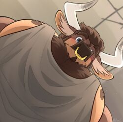 Rule 34 | 1boy, bara, blush, brown fur, chest hair, cow horns, foreshortening, from below, furry, furry male, grey tank top, highres, horns, large pectorals, looking at viewer, looking down, male focus, meme, minotaur, muscular, muscular male, nipple slip, nipples, nose piercing, nose ring, original, pectoral cleavage, pectoral focus, pectorals, photo-referenced, piercing, short hair, shy, sidepec, solo, tank top, thesharksame, thick eyebrows, upper body, yur oc like this (meme)