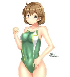 Rule 34 | 1girl, ahoge, alternate costume, bandaid, bandaid on face, breasts, brown eyes, commentary request, cowboy shot, dated, green one-piece swimsuit, hair between eyes, hand on own hip, highres, impossible clothes, impossible swimsuit, kantai collection, legs together, looking at viewer, medium breasts, montemasa, oboro (kancolle), one-hour drawing challenge, one-piece swimsuit, orange hair, parted bangs, short hair, simple background, skin tight, solo, swimsuit, thighs, twitter username, white background, wide hips