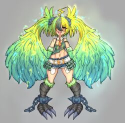 Rule 34 | 1girl, alternate design, arm tattoo, bare shoulders, belt, bird legs, blonde hair, blush, breasts, electricity, fang, feathered wings, feathers, green feathers, green wings, grey background, harpy, lightning bolt symbol, looking at viewer, monster girl, monster girl encyclopedia, multicolored hair, navel, necktie, open mouth, orange necktie, pointy ears, small breasts, solo, stomach tattoo, talons, tank top, tattoo, thunderbird (monster girl encyclopedia), tongue, tongue out, torn clothes, torn tank top, triggerdex, two-tone hair, two-tone wings, winged arms, wings, yellow feathers, yellow wings