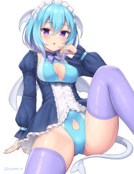 Rule 34 | 1girl, blue dress, blue hair, blue one-piece swimsuit, blush, bow, bowtie, breasts, cleavage cutout, clothing cutout, dress, gradient hair, head wings, juliet sleeves, knee up, long sleeves, looking at viewer, medium breasts, medium hair, multicolored hair, one-piece swimsuit, original, parted lips, puffy sleeves, purple bow, purple bowtie, purple eyes, purple thighhighs, sakyua (sasaame), sasaame, simple background, sitting, solo, stomach cutout, swimsuit, swimsuit under clothes, tail, thighhighs, white background, wings
