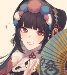 Rule 34 | 1girl, black hair, blunt bangs, blush, bonnet, capelet, commentary, english commentary, eyeshadow, genshin impact, hair ornament, hand fan, hat, long hair, looking at viewer, makeup, parted lips, pom pom (clothes), portrait, red eyes, red eyeshadow, sidelocks, signature, simple background, solo, sparkle, yellow background, yuelight, yun jin (genshin impact)