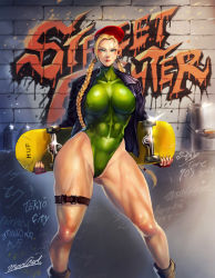 Rule 34 | 1girl, abs, baseball cap, black jacket, blonde hair, blue eyes, blush, boots, braid, breasts, brick wall, brown footwear, bucket, cammy white, collarbone, fingerless gloves, gloves, gluteal fold, graffiti, green leotard, hat, heattech leotard, highleg, highres, jacket, large breasts, leotard, long hair, looking at viewer, madowl, muscular, muscular female, red gloves, red headwear, scar, scar on face, signature, skateboard, spray can, street fighter, thick thighs, thigh strap, thighs, turtleneck, twin braids, twintails, wide hips
