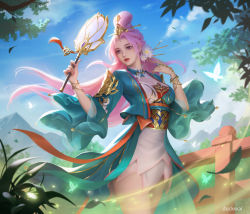 Rule 34 | 1girl, bracelet, breasts, bug, butterfly, chinese clothes, cleavage, dark duck, day, flower, hair flower, hair ornament, highres, insect, jewelry, large breasts, leaf, lips, long hair, outdoors, parted lips, pink hair, purple eyes, romance of the three kingdoms, solo, standing, wind