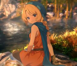Rule 34 | 1girl, ahonoko, bare shoulders, blonde hair, blue eyes, blue hat, blue scarf, blurry, blurry background, braid, brown gloves, closed mouth, dress, fingerless gloves, fire emblem, fire emblem: genealogy of the holy war, gloves, hat, looking at viewer, looking back, nintendo, orange dress, outdoors, pantyhose, patty (fire emblem), scarf, sitting, sleeveless, sleeveless dress, smile, solo